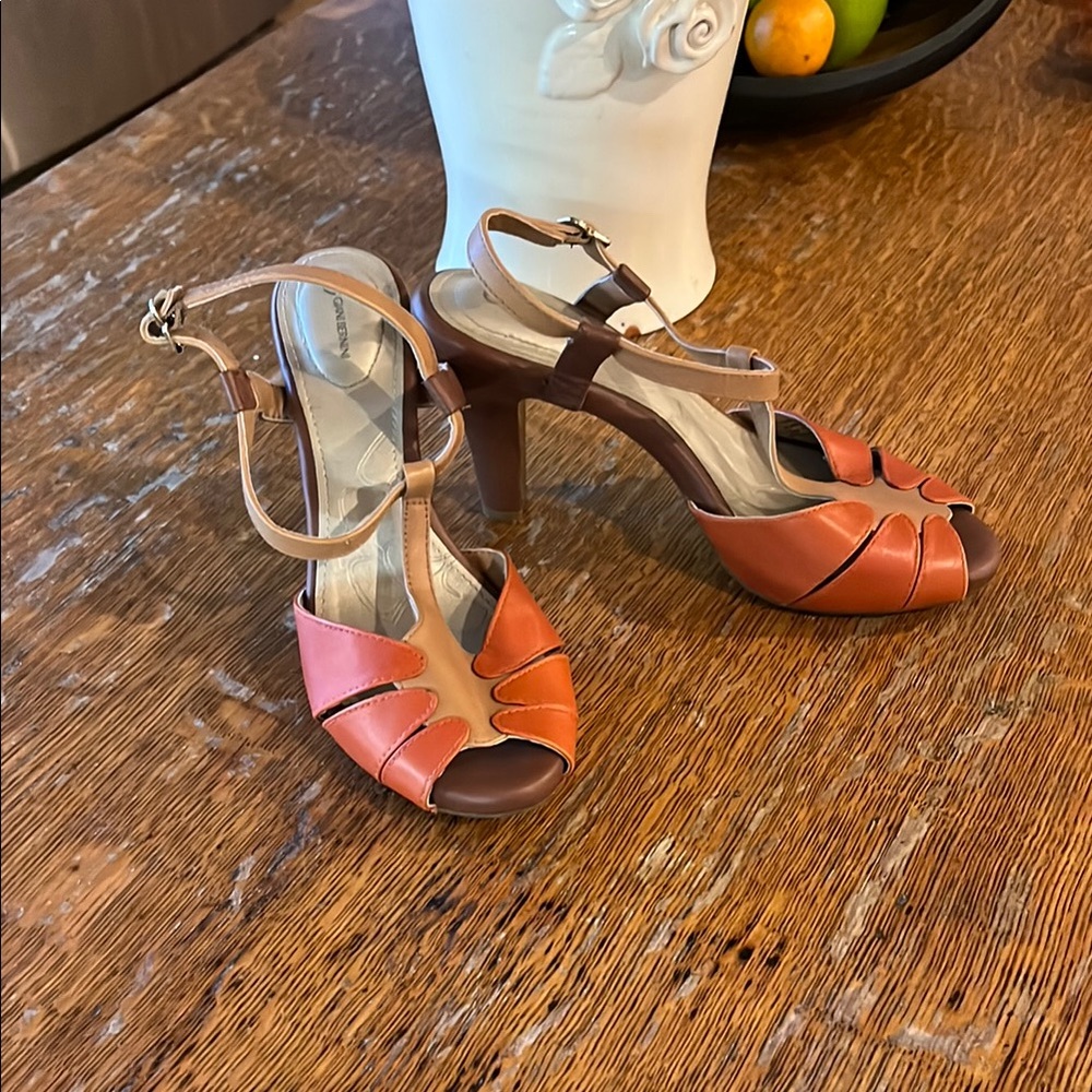 Gianni Bernini “Eliora” Leather Slingback Sandals, Orange/Camel, Size 8.5 EUC